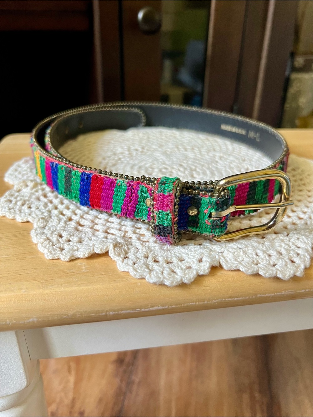 Vintage Tribal Women's Woven/Leather Bead Fabric Belt with Gold-Tone Buckle M-L